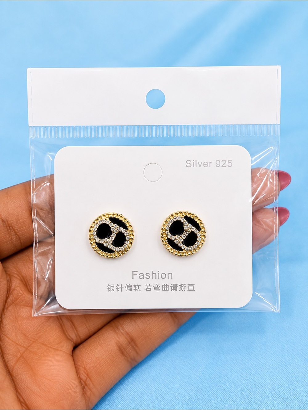 Gold-Tone Black Crystal Round Stud Earrings -